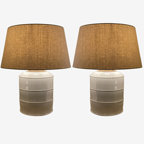 Contemporary Chinese Pair White Canister Lamps