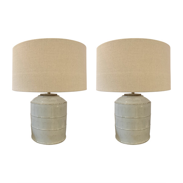 Contemporary Chinese Pair Milk White  Cannister Lamps