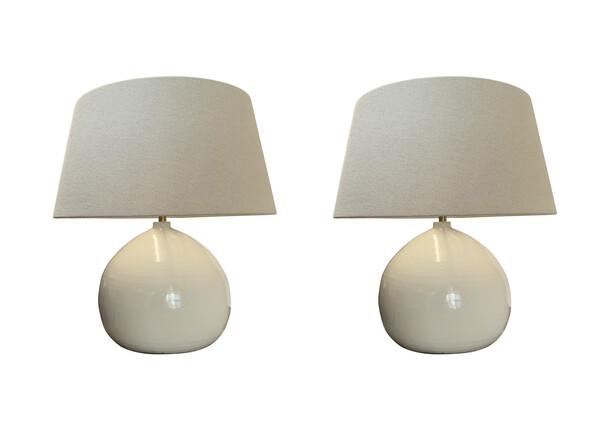 Contemporary Chinese Pair Milk White Rounded Base Lamps