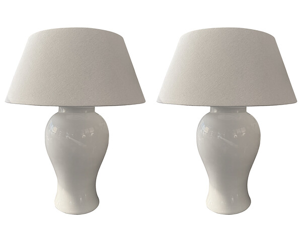 Contemporary Chinese Pair XL White Classic Shaped Lamps