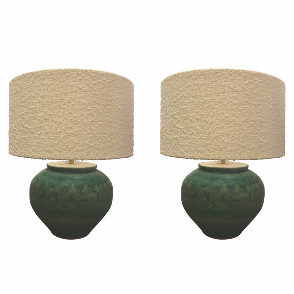 Contemporary Chinese Patterned  Emerald Green Pair Lamps