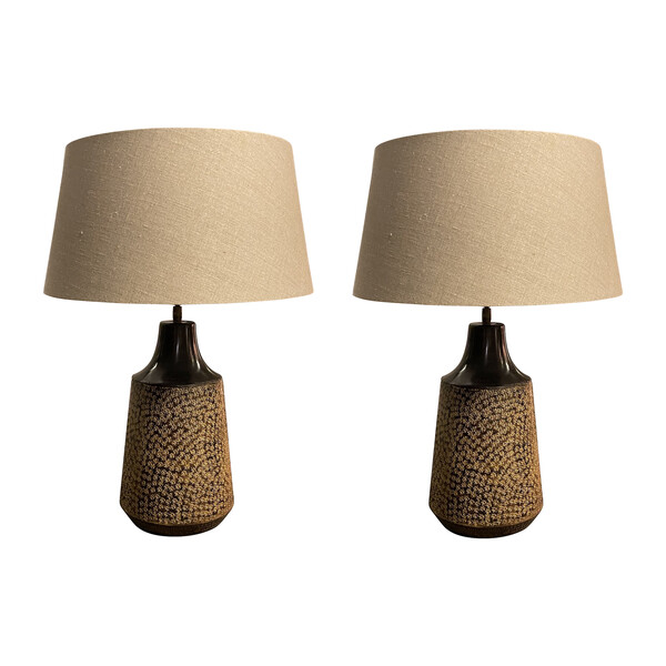 Contemporary Indonesian Pair Textured Brown Metal Lamps