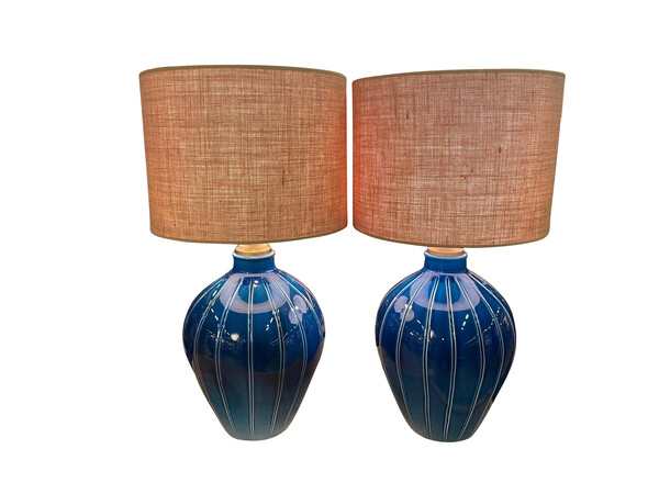 1970's Italian Pair Deep Blue Lamps
