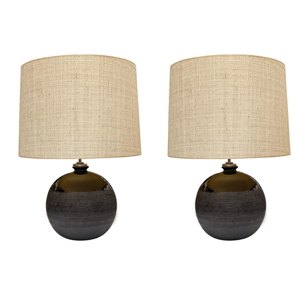 Contemporary Italian Pair Round Black Base Lamps