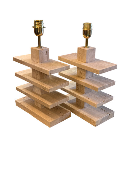 Mid Century Italian Pair Layered Travertine Lamps