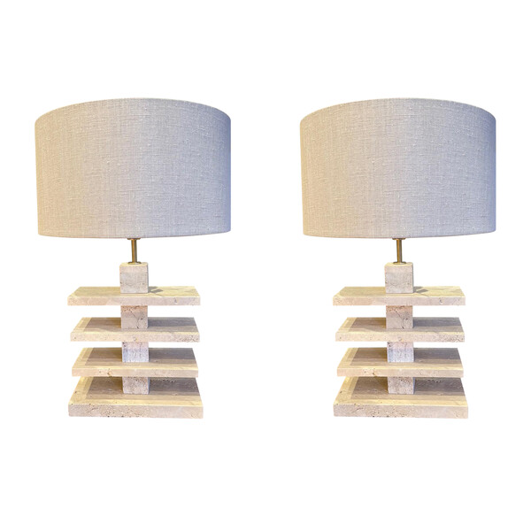 Mid Century Italian Pair Layered Travertine Lamps