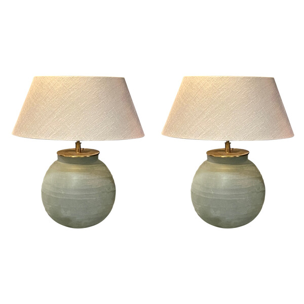 Contemporary Romanian Pair Horizontal Rib Glass Lamps