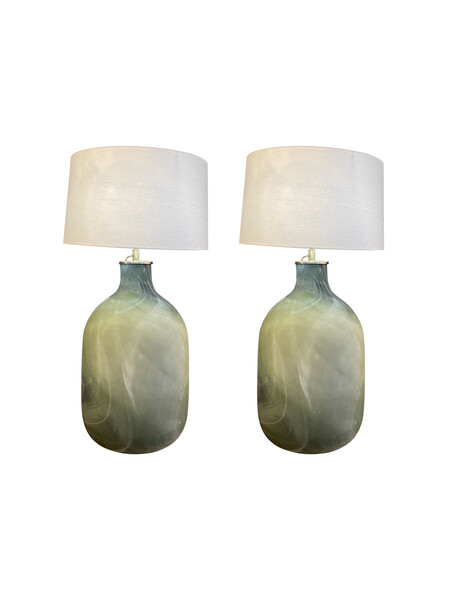 Contemporary Romanian XL Pair Patterned Green Glass Lamps