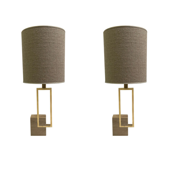 1960's Italian Pair Travertine and Brass Lamps