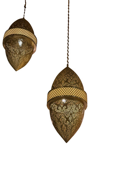 Contemporary Moroccan Pair Bullet Shape Pierced Brass Pendants