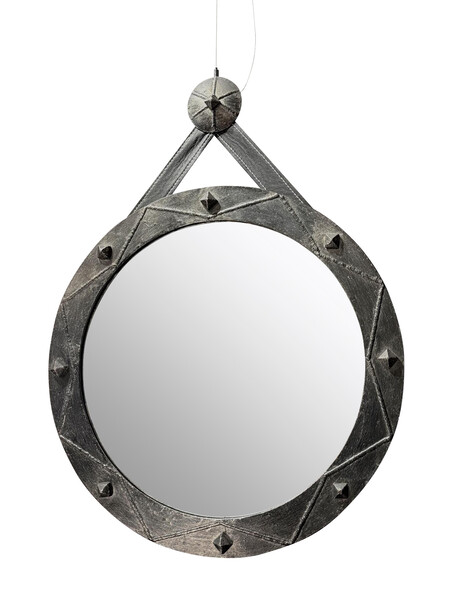 1950's Spanish Steel Framed Mirror with Faux Leather Strap