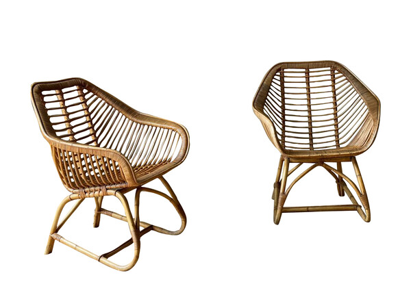 Mid Century French Pair Cane and Rattan Side Chairs