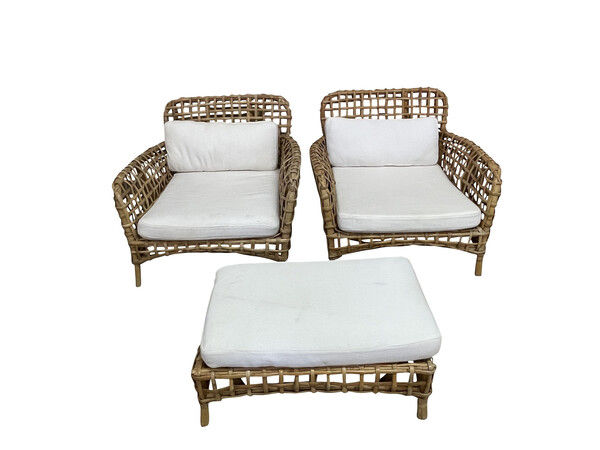 Mid Century French Pair Rattan Chairs with Ottoman