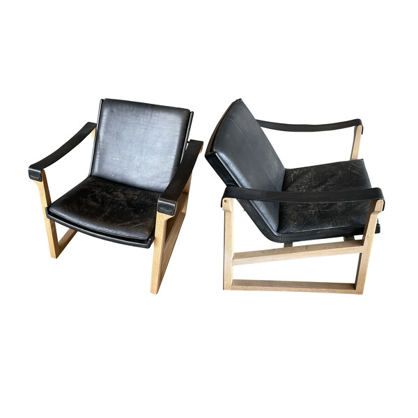 1960's Danish Ebbe Clemmonsen for Fritz Hansen Pair Leather Safari Chairs