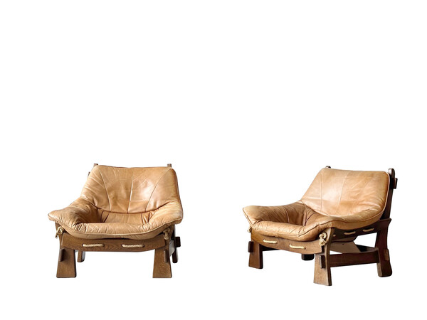 1960's French Pair Maison Regain Leather Chairs