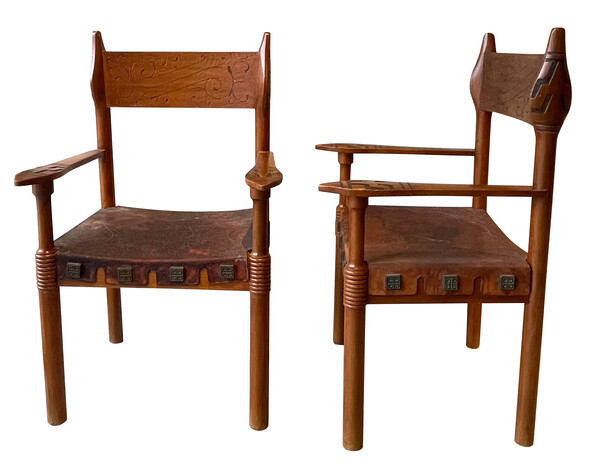 1970's Spanish Pair Embossed Leather / Wood Chairs