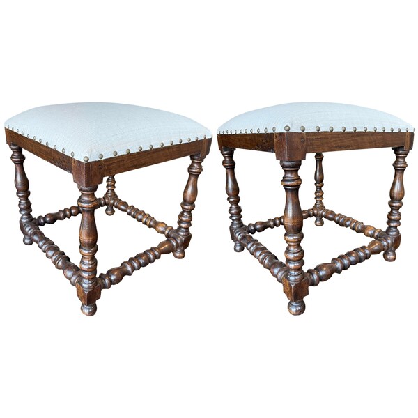 19thc Italian Pair Square Turned Leg Stools