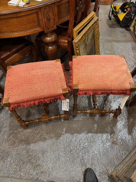 19thc Italian Pair Turned Leg Stools with Cornered Wood Detail