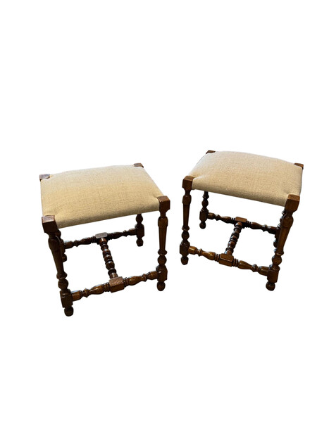 19thc Italian Pair Turned Leg Stools with Cornered Wood Detail