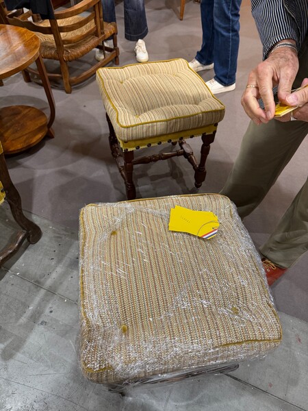 19thc Italian Pair Turned Leg Tufted Stools