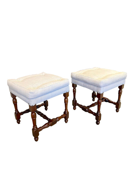 19thc Italian Pair Turned Leg Tufted Stools