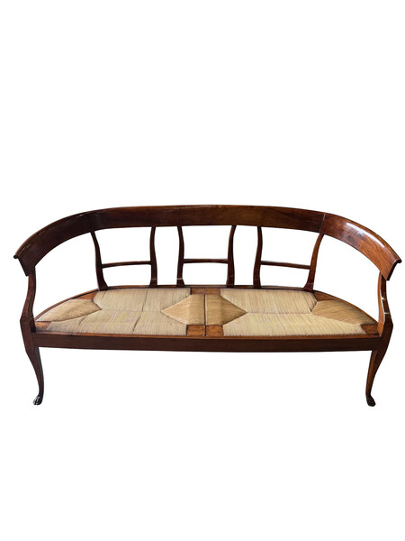 19thc Italian Rush Seat Curved Back Bench