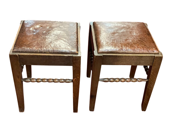 1930's French Pair Leather Top Foot Stools
