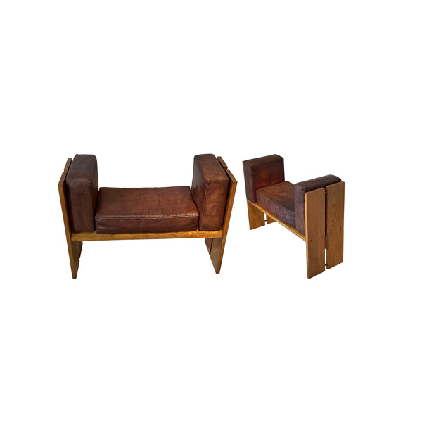 1970's Italian Tobia Scarpa Pair Leather / Wood Benches