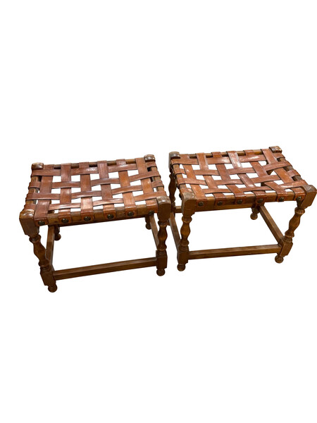 1940's Spanish Pair Strap Leather Stools