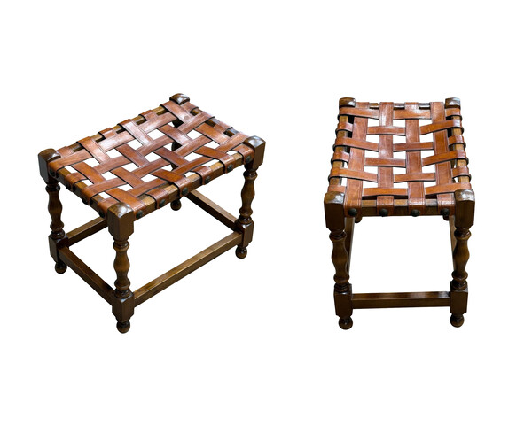 1940's Spanish Pair Strap Leather Stools